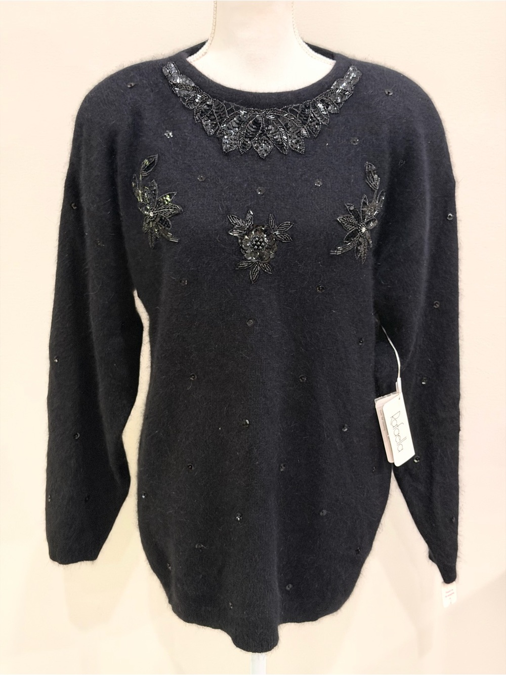 Vtg Rafaella Sweater Women Sz L Beaded Sequin Angora Rabbit Lambswool Black NWT